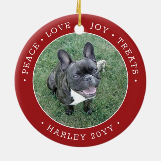 写真２枚　平和　愛　喜び　おやつ　かわいい犬　赤と白 セラミックオーナメント (裏面)