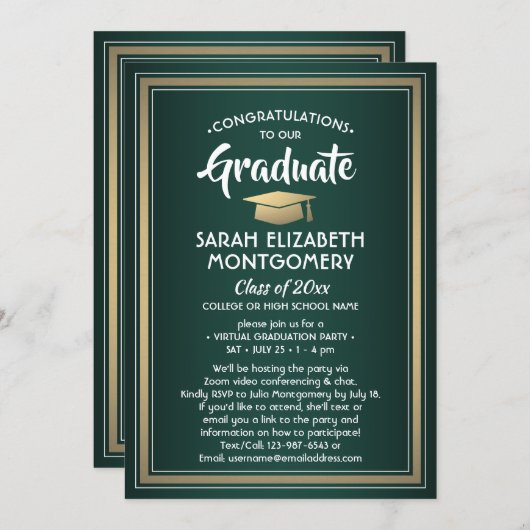 写真1枚 バーチャル卒業パーティー グリーン ゴールド ホワイト 招待状 (正面/裏面)