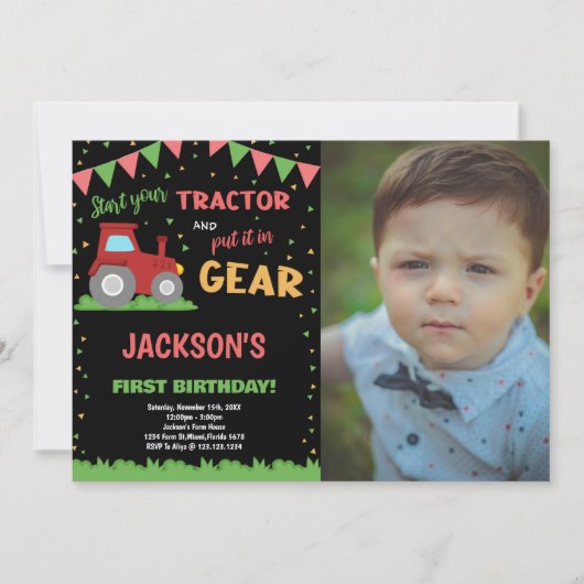 写真1歳の赤い旗トラクターの誕生日招待状 招待状 (正面)