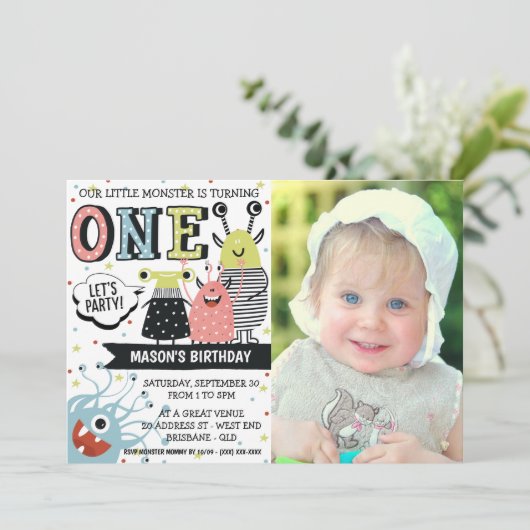 写真1歳モンスター誕生日招待状 招待状 (スタンド正面)