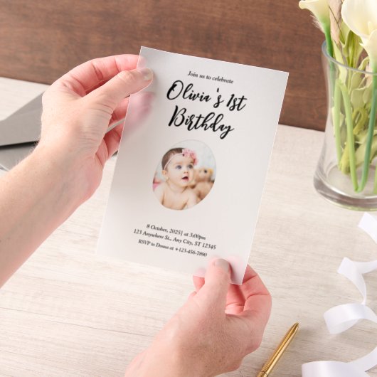 写真1番目の誕生日 ベラム紙招待状 (ポータブル)