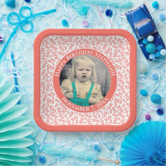 写真100乱数模様サンゴ/白 ペーパープレート (パーティー)