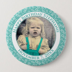 写真100番目の誕生日番号パターン  ティール（緑がかった色） 缶バッジ