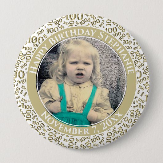 写真100番目の誕生日番号パターン |金ゴールド 缶バッジ (正面)