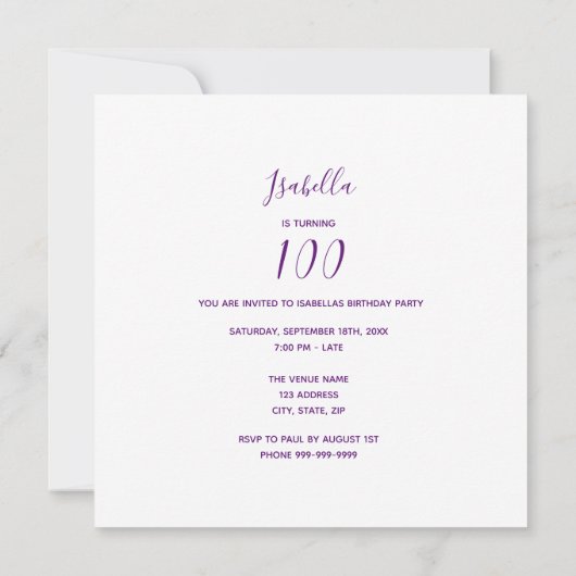 写真100th birthday party hello 100 招待状 (裏面)