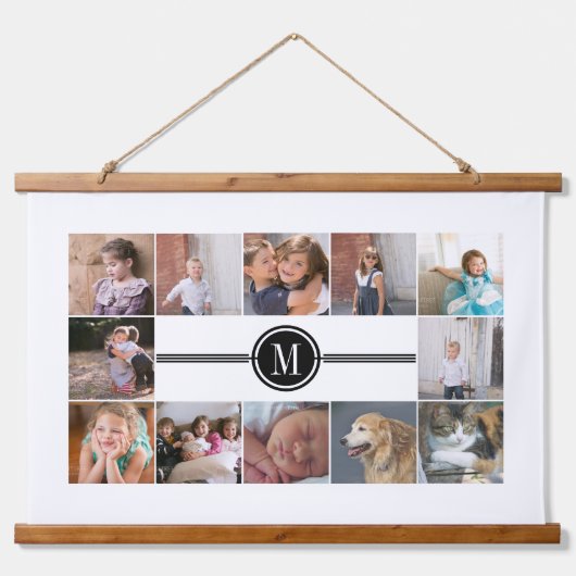 写真12枚とモノグラムのコラージュ 吊り下げ型タペストリー (正面)