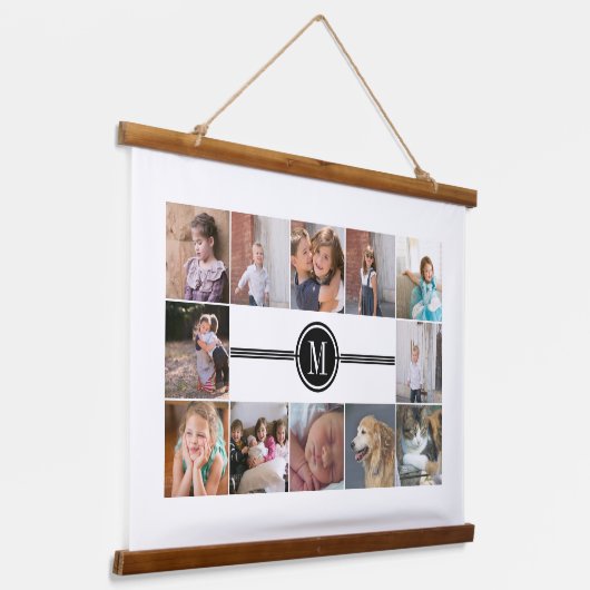 写真12枚とモノグラムのコラージュ 吊り下げ型タペストリー (傾斜あり)
