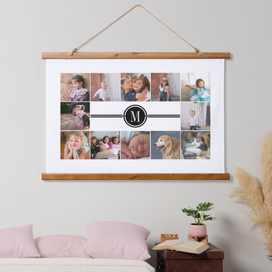 写真12枚とモノグラムのコラージュ 吊り下げ型タペストリー (寝室)