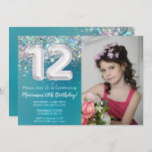 写真12誕生日招待状ティール(緑がかった色)シルバーグリッター 招待状 (正面/裏面)