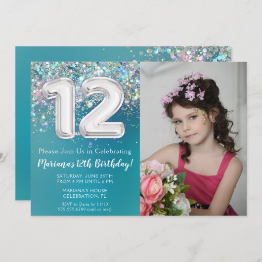 写真12誕生日招待状ティール(緑がかった色)シルバーグリッター 招待状 (正面/裏面)