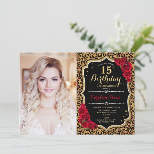 写真15th誕生日パーティレッド金ゴールドヒョウ印刷 招待状 (スタンド正面)