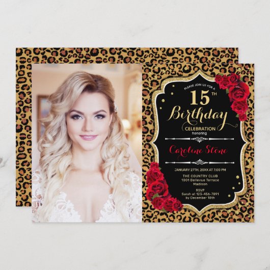 写真15th誕生日パーティレッド金ゴールドヒョウ印刷 招待状 (正面/裏面)