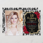 写真15th誕生日パーティレッド金ゴールドブラックダマスク 招待状 (正面/裏面)