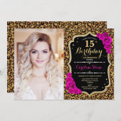 写真15th誕生日パーティーピンク金ゴールドヒョウ印刷 招待状 (正面/裏面)