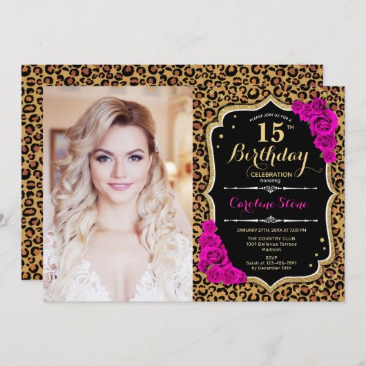 写真15th誕生日パーティーピンク金ゴールドヒョウ印刷 招待状 (正面/裏面)