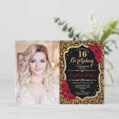 写真16th誕生日パーティレッド金ゴールドヒョウ印刷 招待状 (スタンド正面)