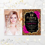 写真16th誕生日パーティーピンク金ゴールドヒョウ印刷 招待状<br><div class="desc">Leopard printあなたの写真と16th誕生日パーティーの招待。チーターパターン、スクリプトフォント、明るい赤紫色バラと紙吹雪を備えている。上品な白黒ピンクデザインとフェイクグリッター金ゴールド。アニマルプリントエレガントsweet sixteenのお祝いに最適。</div>