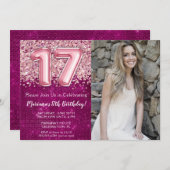 写真17thガールマゼンタピンク誕生日 招待状 (正面/裏面)