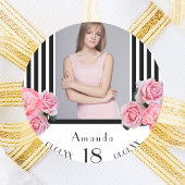 写真18th誕生日白黒ストライプ花模様 ラウンドシール