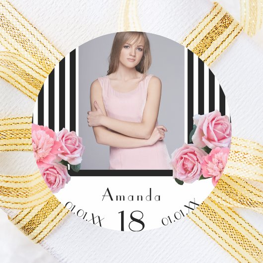 写真18th誕生日白黒ストライプ花模様 ラウンドシール