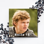 写真18th birthday party hello 18男の子 招待状<br><div class="desc">テンプレートを自分の写真に。前面：ホワイト文字オーバーレイ：こんにちは18!この文字は手書入力されたスタイルモダンスクリプトで構成されている。背面：白い背景と黒い色の文字名前とパーティー詳細のテンプレート。</div>
