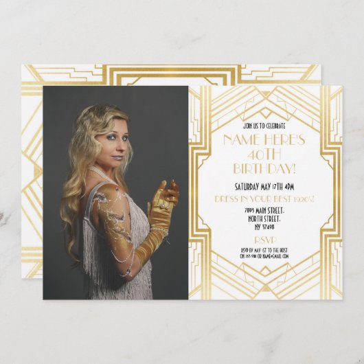 写真1920の誕生日パーティギャツビー金ゴールドアールデコ 招待状 (正面/裏面)