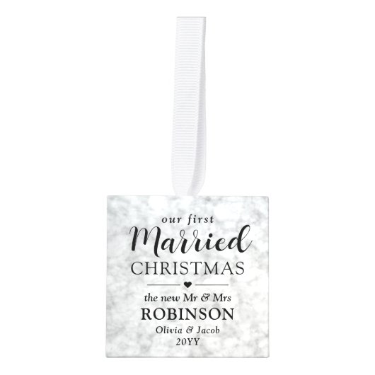 写真1st結婚したChristmasエレガントフェイク Marble キューブオーナメント (正面)