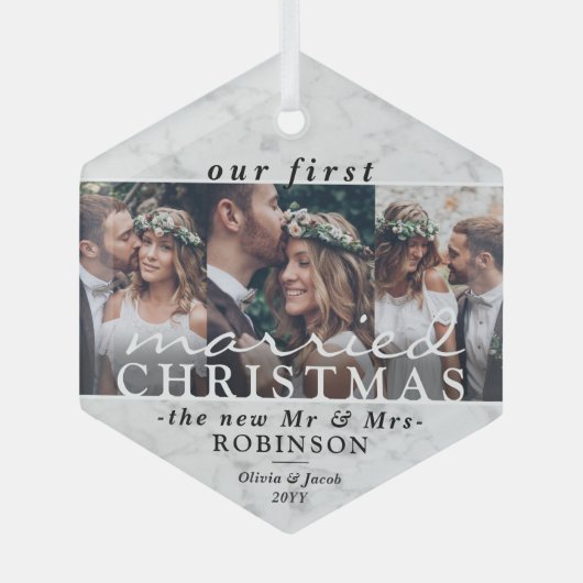 写真1st結婚したChristmasモダンフェイク Marble ガラスオーナメント (正面)