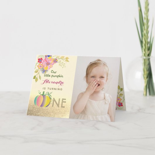 写真1st誕生日カボチャのピンクと金ゴールド秋 招待状 (正面)