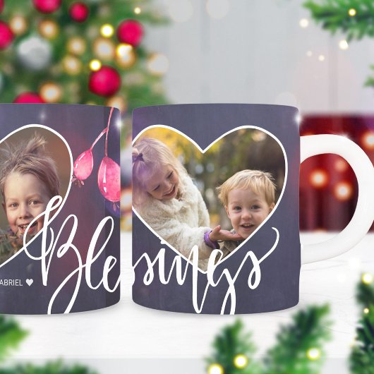 写真2枚でピンクホーリーベリーを温める |ネイビークリスマス コーヒーマグカップ