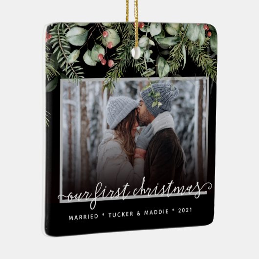 写真2枚の初めてのクリスマス結婚した写真の緑 セラミックオーナメント (右)