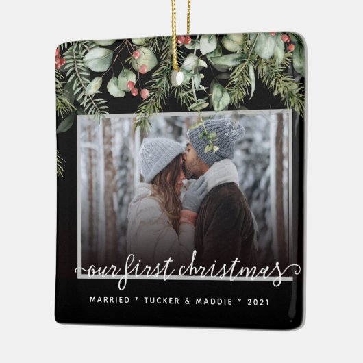 写真2枚の初めてのクリスマス結婚した写真の緑 セラミックオーナメント (左)