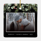 写真2枚の初めてのクリスマス結婚した写真の緑 セラミックオーナメント (裏面)