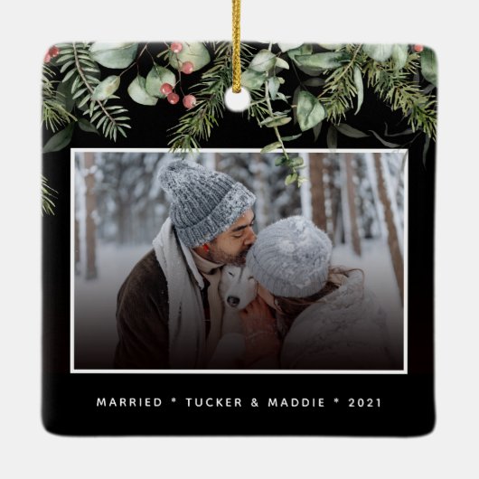 写真2枚の初めてのクリスマス結婚した写真の緑 セラミックオーナメント (裏面)