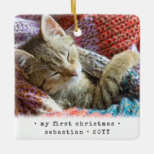 写真2枚まで　テキスト1件まで　私の初めてのクリスマス　猫 | 犬 | ペット セラミックオーナメント (正面)