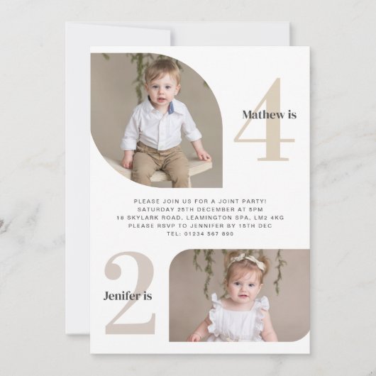 写真2番目と4番目のジョイント誕生日 招待状 (正面)