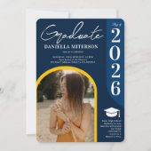 写真2024はっきりしたアーチ紺色の卒業 招待状 (正面)