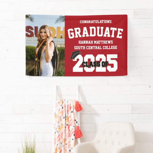 写真2025キャップ付き赤い卒業バナー 横断幕 (インサイチュ)