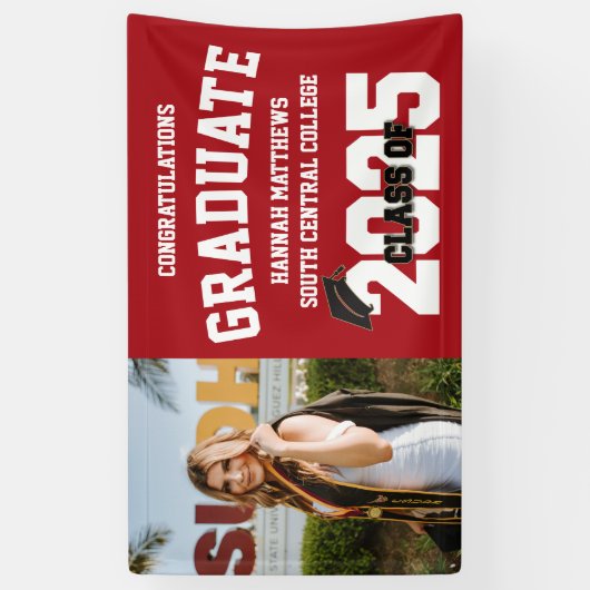 写真2025キャップ付き赤い卒業バナー 横断幕 (縦)