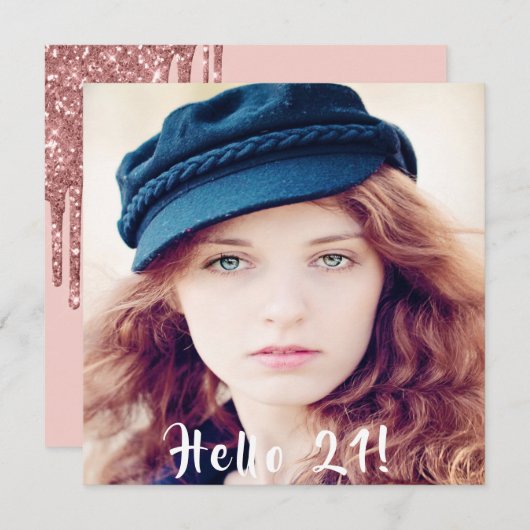写真21歳の誕生日パーティーこんにちは21グリッター 招待状 (正面/裏面)