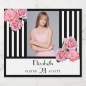 写真21歳の誕生日白黒ストライプフローラ スパークリングワインラベル (シングルラベル)