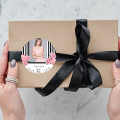 写真21歳の誕生日白黒ストライプ花模様 ラウンドシール