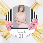 写真21歳の誕生日白黒ストライプ花模様 ラウンドシール