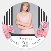 写真21歳の誕生日白黒ストライプ花模様 ラウンドシール (正面)