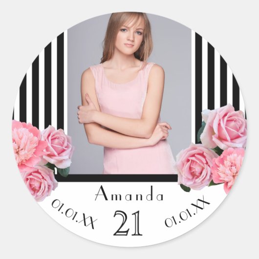 写真21歳の誕生日白黒ストライプ花模様 ラウンドシール (正面)
