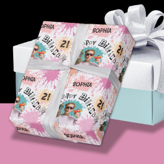 写真21th誕生日ピンクピーチ絵を描（ばちゃばちゃ）跳ねる ラッピングペーパー