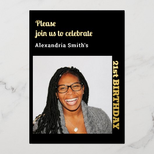 写真21th誕生日ブラックゴールドフォイル招待状 箔招待状 (正面)