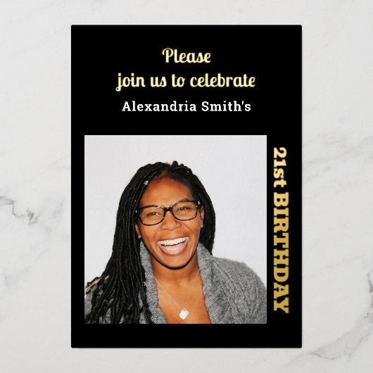 写真21th誕生日ブラック金ゴールド 箔招待状 (正面)