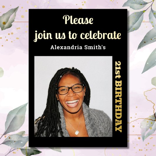 写真21th誕生日ブラック金ゴールド 箔招待状