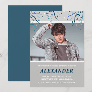 写真22歳の誕生日招待状彼ブルー紙吹雪 招待状